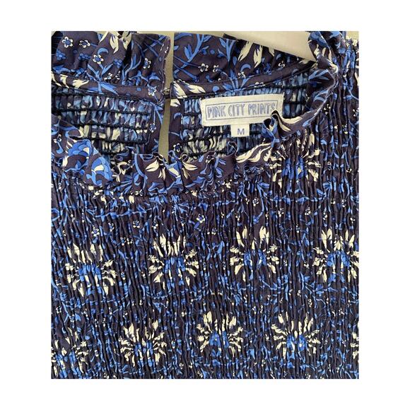 Pink City Prints Isabel Smocked Midi Dress Midnight Vine  Blue Tuckernuck M - Picture 8 of 9